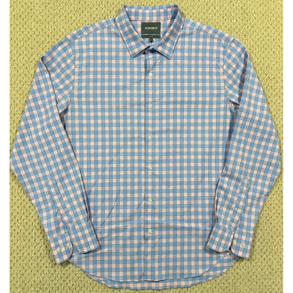 Bonobos Shirt Mens L Pink/Blue Plaid Performance Slim Fit Button Up Stretch